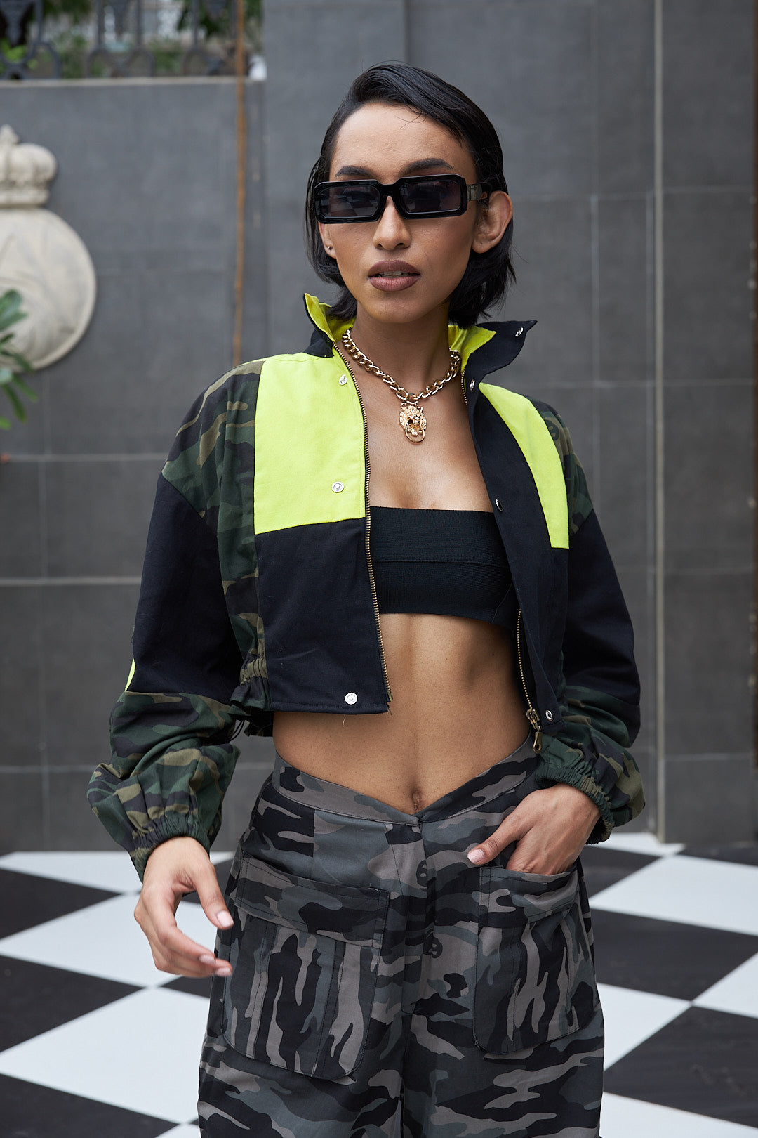 Army print crop jacket sale